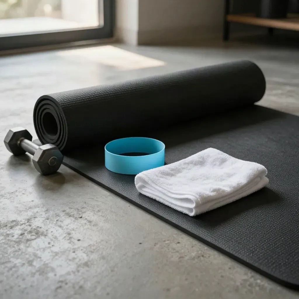 Yoga-mat, dumbbells, band en handdoek in zonlicht op een betonnen vloer.