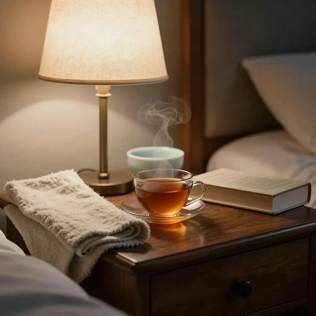 Amber theekop, wollen plaid, diffuserkom en gesloten boek op een nachtkastje in warm avondlicht.