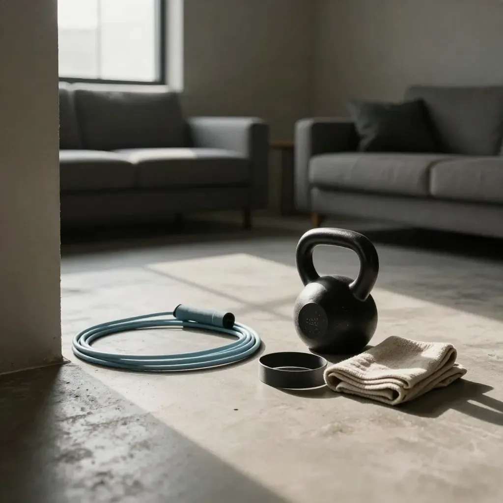 Woonkamer met springtouw, kettlebell, band en handdoek klaar voor training