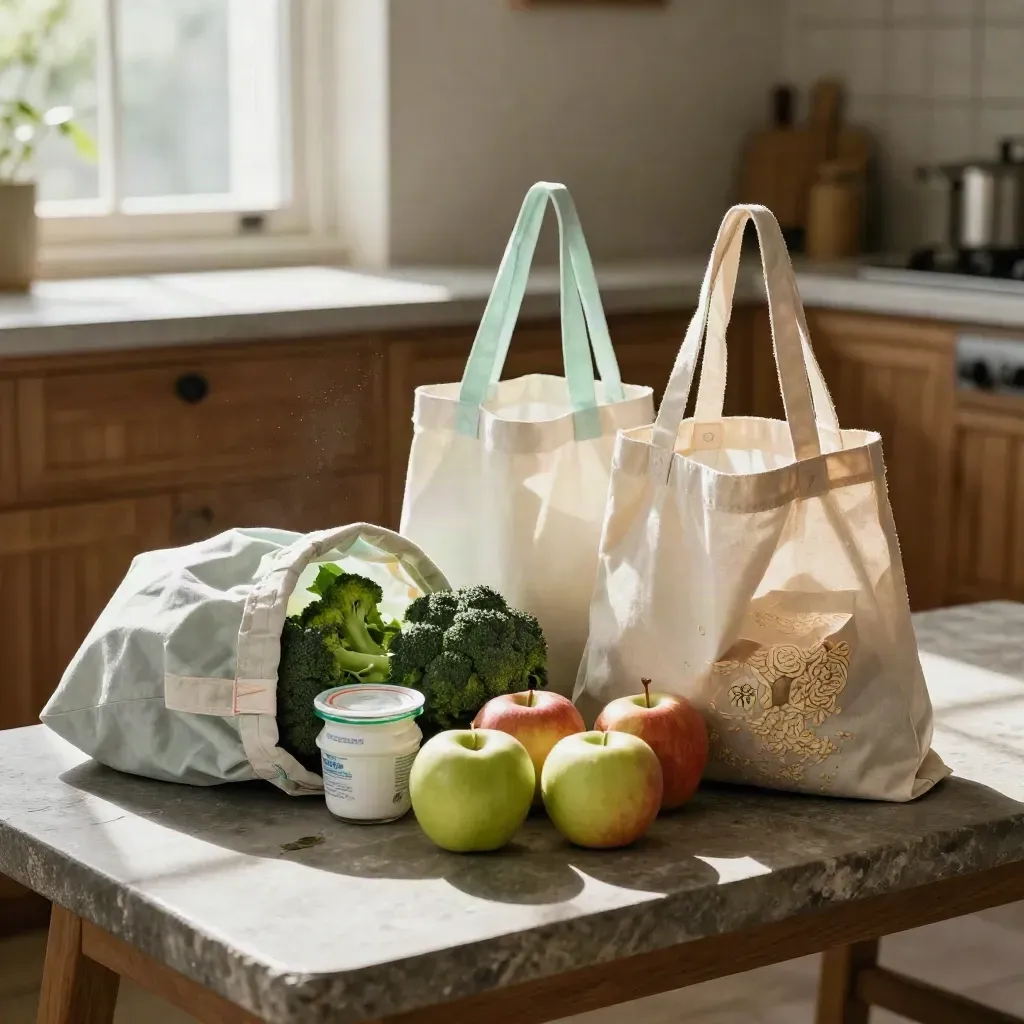 Boodschappen in open herbruikbare tassen met broccoli, appels, yoghurt en havermout op een stenen bank.