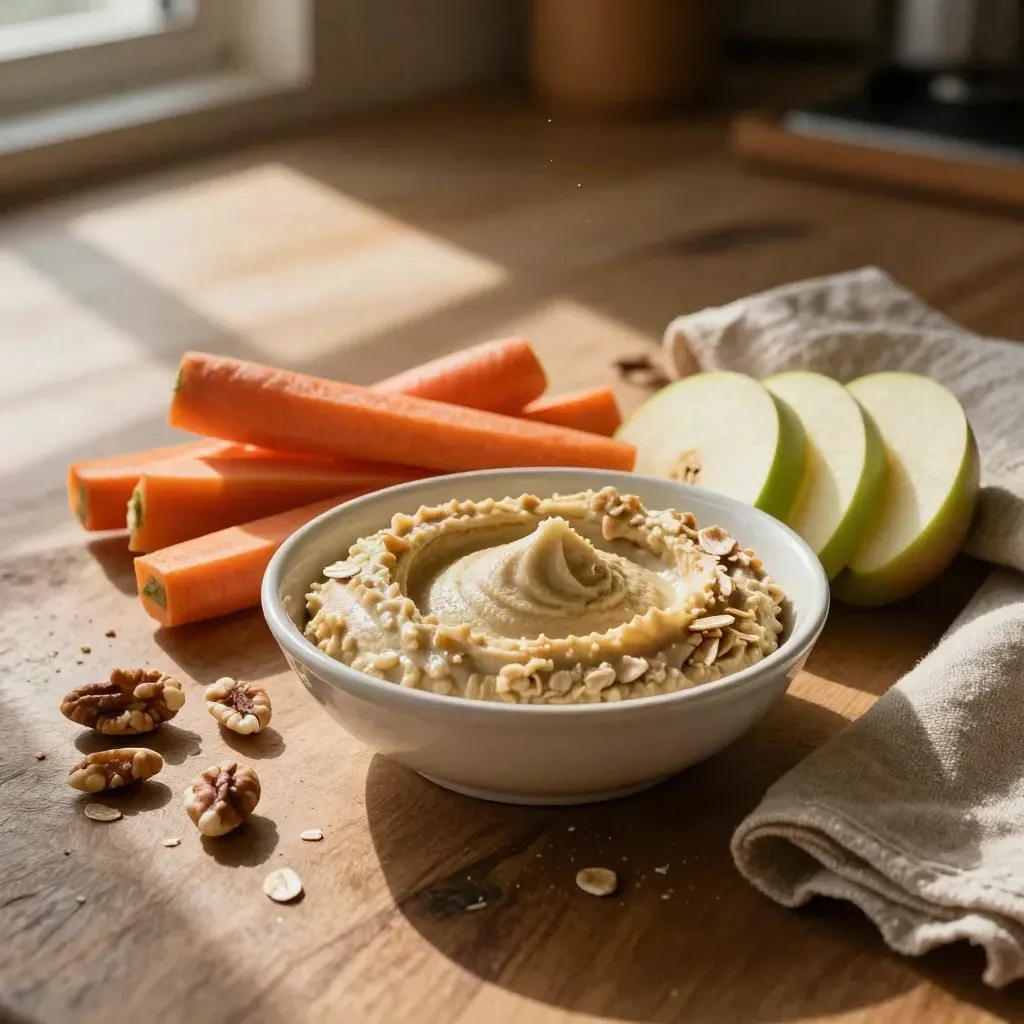 Snackbord met hummus, wortel, appel, noten en linnen servet in warm namiddaglicht.