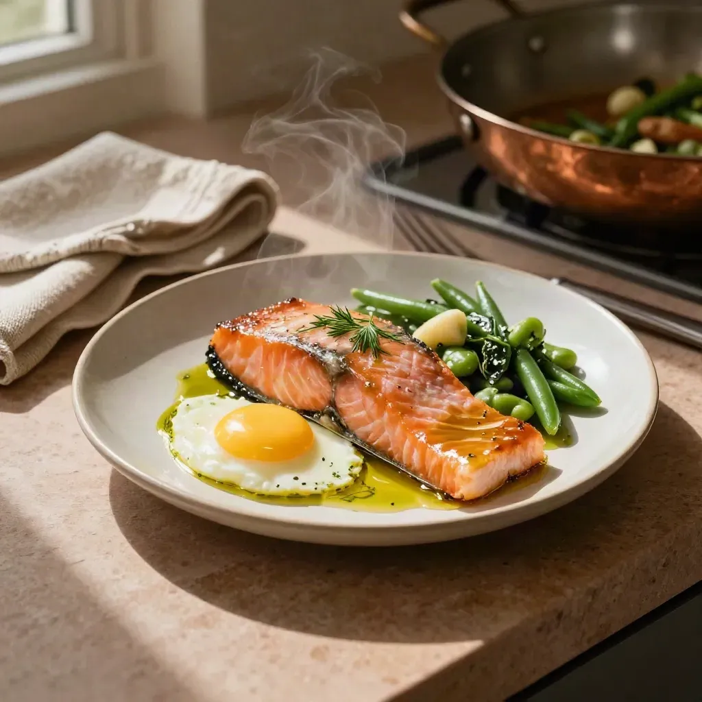 Bovenaanzicht van een warm bord met zalm, eieren, bonen en groenten op keramiek.