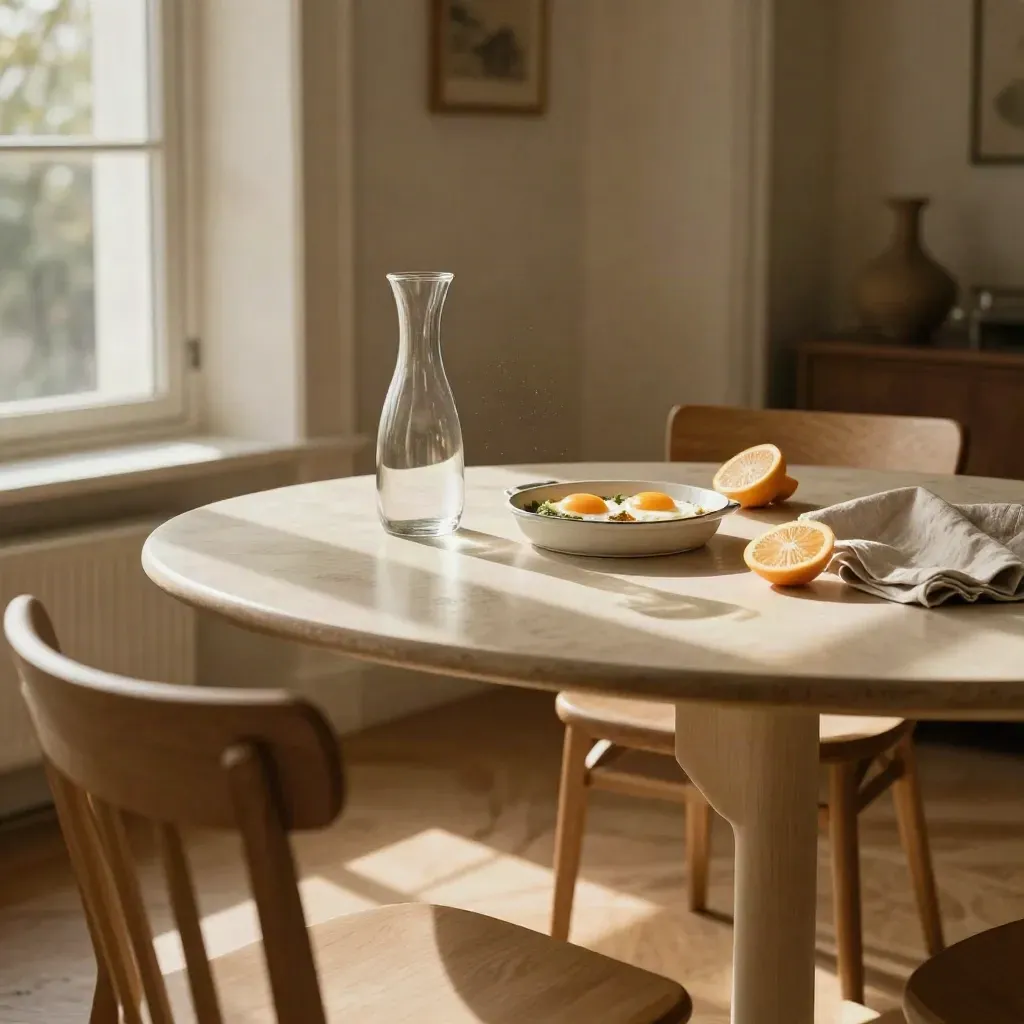 Gezellige ontbijthoek met karaf, eieren, citrus en linnen in warm ochtendlicht.