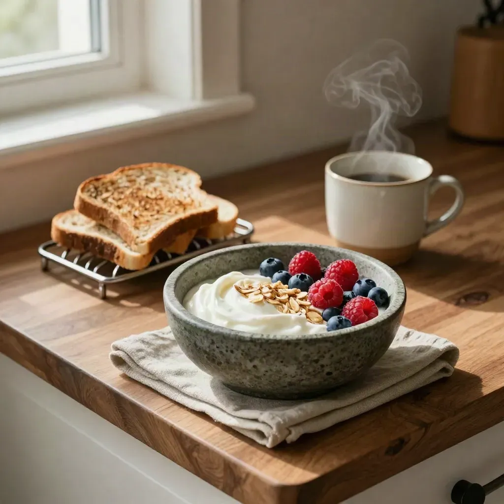 Yoghurt met oats, bessen, toast en een dampende mok op een warme keukenblad