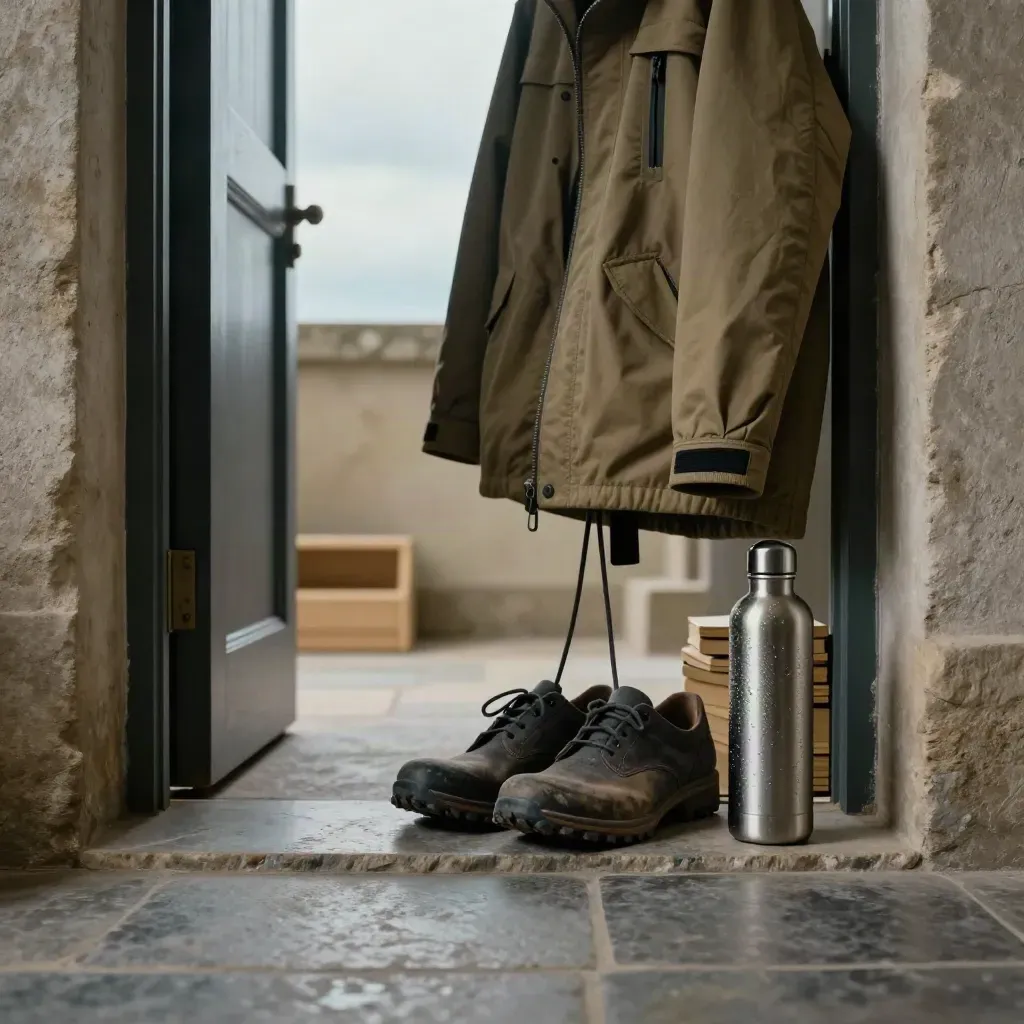 Laag bij de drempel: wandelschoenen, waterfles en jas aan de kapstok bij een open deur.