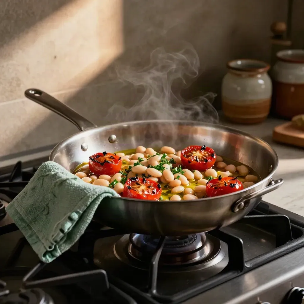 Skillet met tomaten, bonen en kruiden op het fornuis, met stoom en een mintgroene doek.