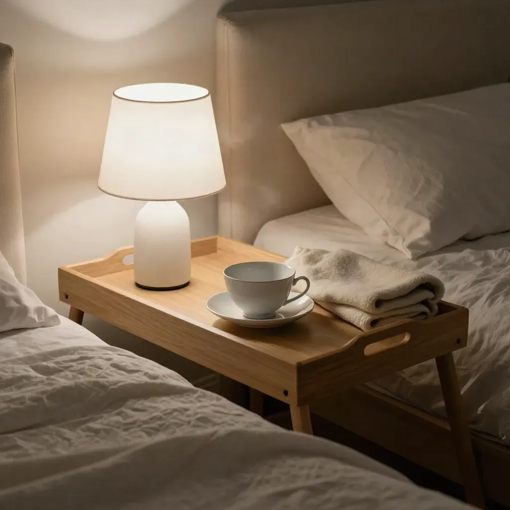 Bed met lamp, theekopje en opgevouwen plaid in warm avondlicht.