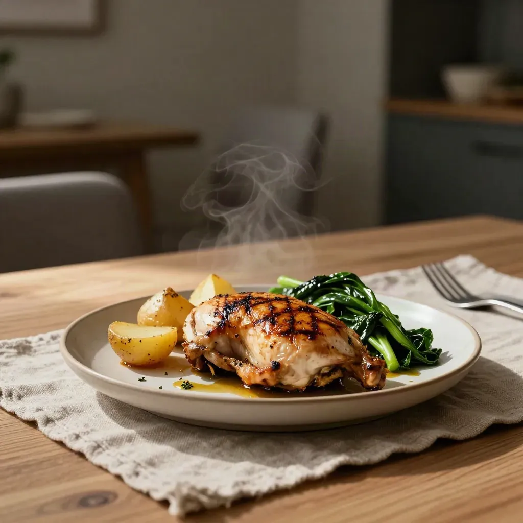 Grillkip met aardappelen en groenten op een eettafel in warm avondlicht.
