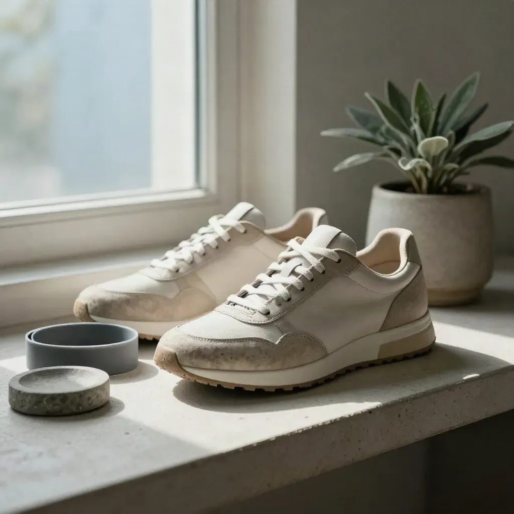 Neutrale sportschoenen, weerstandsband en plant op een stenen tray in zacht ochtendlicht.