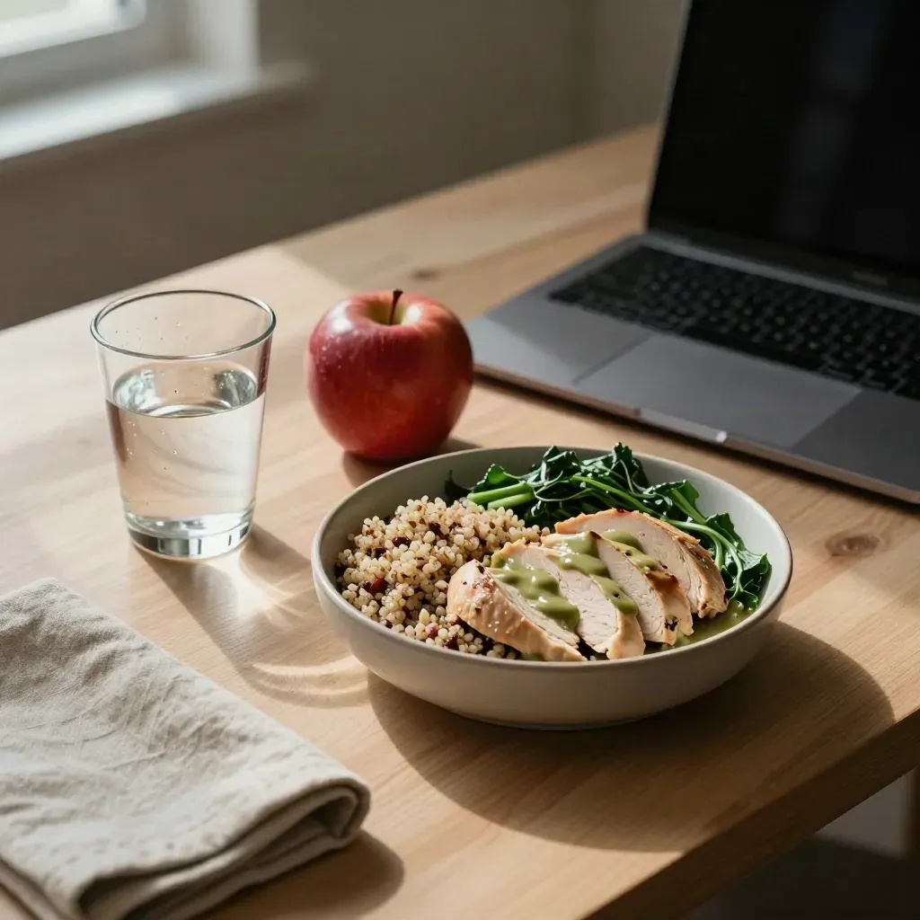 Thuiswerkbureau met lunchkom, waterglas, appel en dichte laptop bij raamlicht.