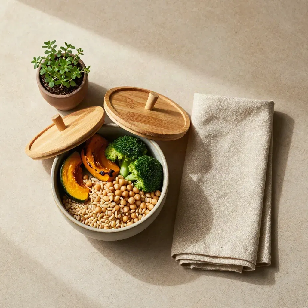 Top-down flatlay van lunchkom, kruidenpotje en linnen doek op steen.