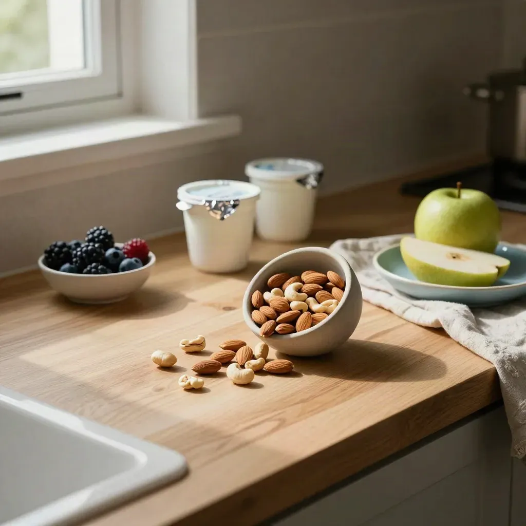 Snackhoek met yoghurt, noten, fruit en een linnen doek op het aanrecht.