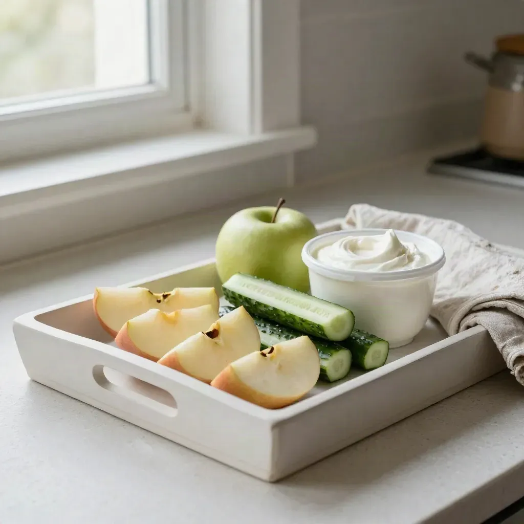 Snacktray met appel, komkommer, yoghurt en linnen doek op een lichte stenen ondergrond.
